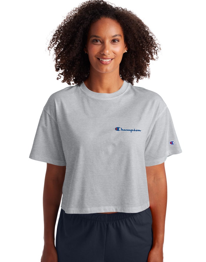 Champion T-Shirt Dames - Grijs - Cropped Script Logo ( 408215-FQO )